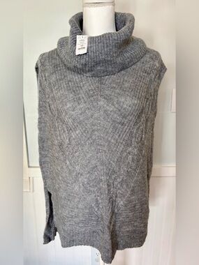 NWT White House Black Market Grey Cable Knit Cowl Neck Poncho Sweater - S